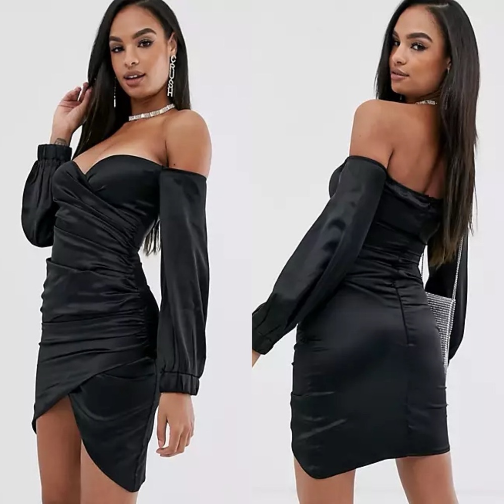 Black Satin Ruched Mini Dress
